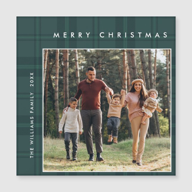 Retro Minimal Christmas Plaid PHOTO Magnetic Card (Front)