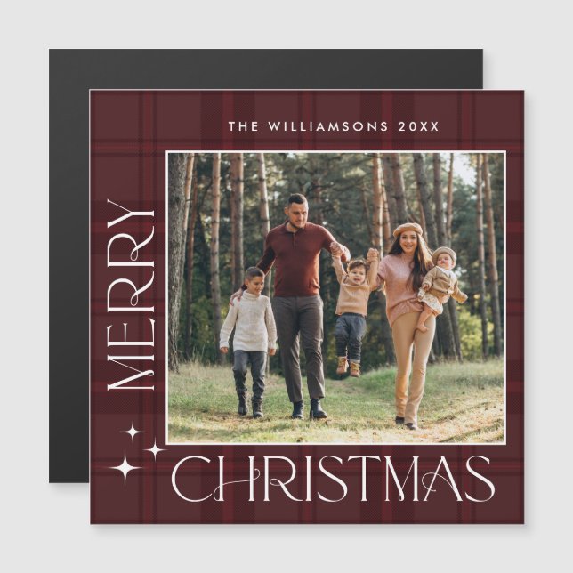 Retro Minimal Christmas Plaid PHOTO Magnetic Card (Front/Back)