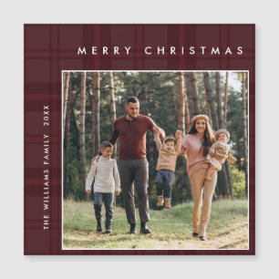 Retro Minimal Christmas Plaid PHOTO Magnetic Card