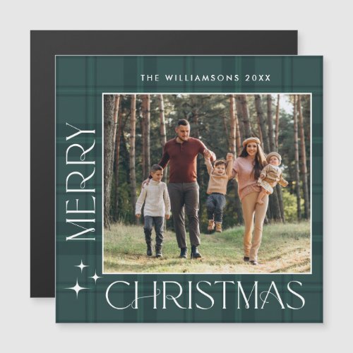 Retro Minimal Christmas Plaid PHOTO Magnetic Card