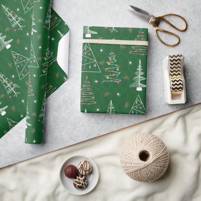Retro Minimal Christmas Trees Green Christmas Wrapping Paper (Crafts)