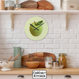 Retro Minimal Handmade Craft Green Crochet Apple Round Clock