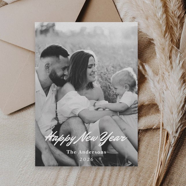 Retro Minimalist Black and White New Years Photo Holiday Card (Creator Uploaded)