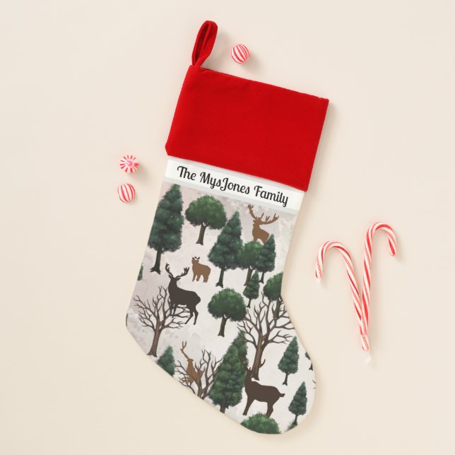 Retro Minimalist Deer Among Holiday Trees  Christmas Stocking (Front)