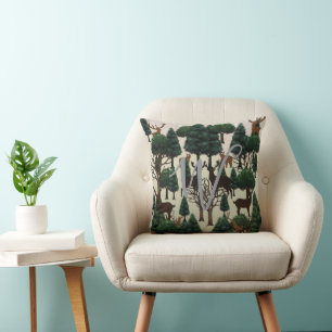 Retro Minimalist Deer Among HolidayTrees Throw Pillow
