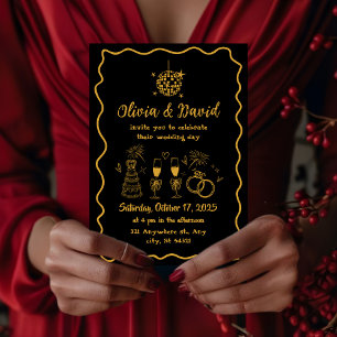 Retro minimalist hand drawn black,gold Wedding Invitation