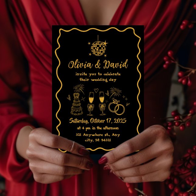 Retro minimalist hand drawn black,gold Wedding Invitation (Creator Uploaded)