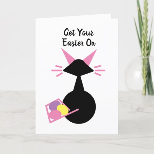 Retro Minimalist Happy Easter Pink Kitty Holiday Card