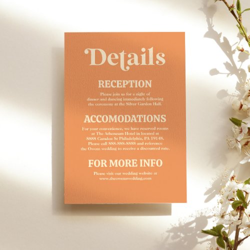 Retro Minimalist Orange Wedding Details Enclosure Card