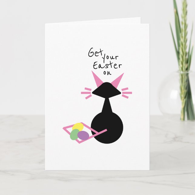 Retro Minimalist Pink Easter Kitty Holiday Card (Front)