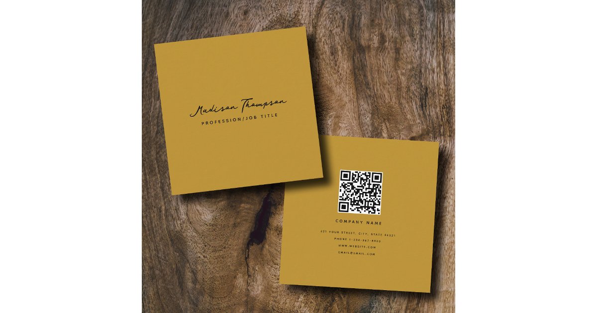 Retro Minimalist Signature Script QR Code Mustard Square Business Card ...
