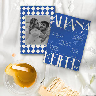 Retro Minimalistic Checkered Pattern Blue Wedding Invitation