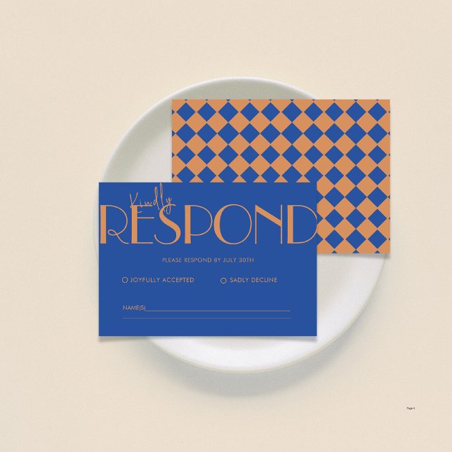 Retro Minimalistic Checkered Pattern Blue Wedding  RSVP Card (Creator Uploaded)