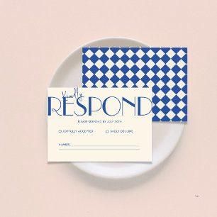 Retro Minimalistic Checkered Pattern Blue Wedding  RSVP Card