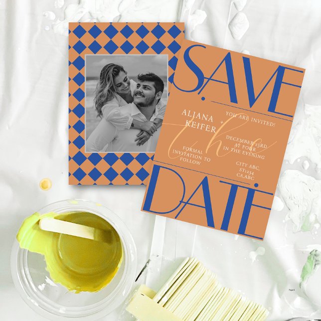 Retro Minimalistic Checkered Pattern Blue Wedding  Save The Date (Creator Uploaded)