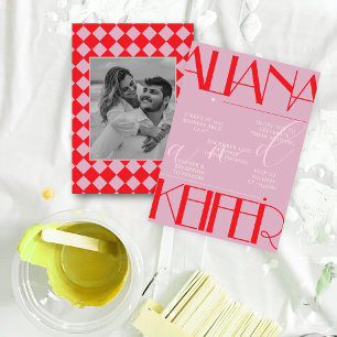 Retro Minimalistic Checkered Pattern Pink Wedding  Invitation