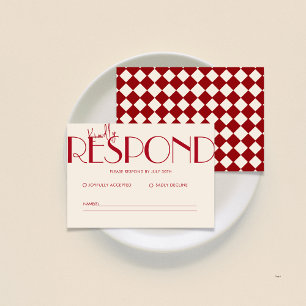Retro Minimalistic Checkered Pattern Red Wedding  RSVP Card