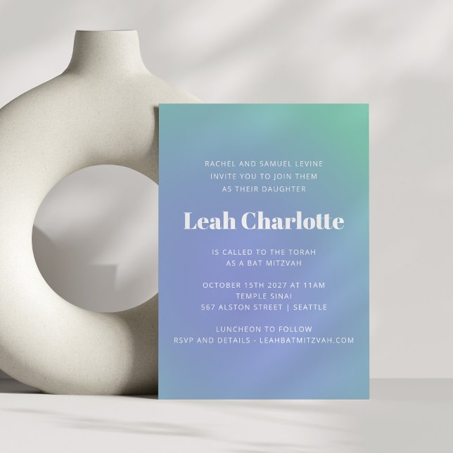 Retro Mint Blue Green Gradient Cute Bat Mitzvah Invitation (Creator Uploaded)