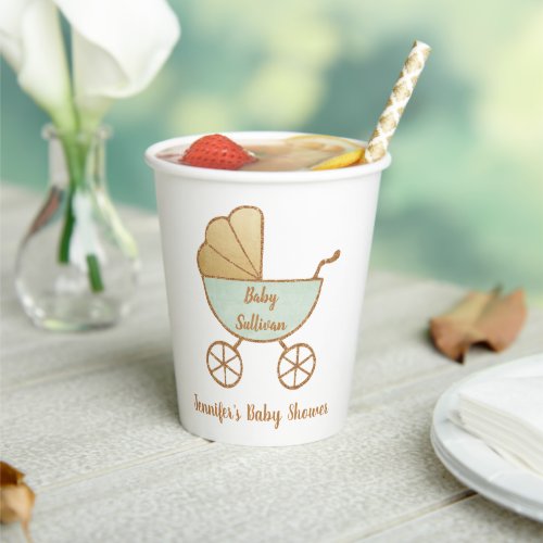 Retro Mint Green Carriage Baby Shower Paper Cups