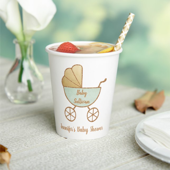 Retro Mint Green Carriage Baby Shower Paper Cups (Insitu)