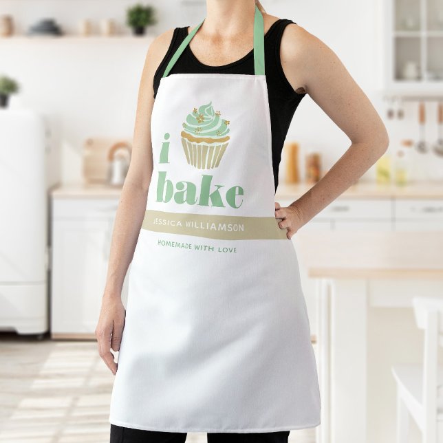 Retro Mint Green Gold Cupcake Bake Bold Typography Apron (Creator Uploaded)