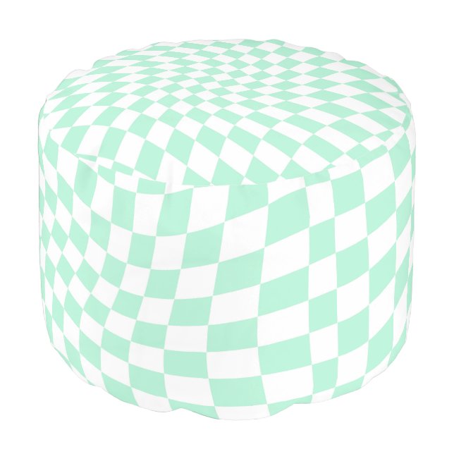 Retro Mint Green Groovy Warped Check Checkered  Pouf (Angled Front)