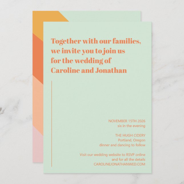 Retro Mint Green Orange Abstract Stripes Wedding Invitation (Front/Back)