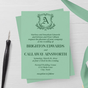 Retro Mint Leaf and Floral Monogram Wedding Invitation