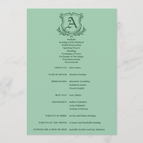 Retro Mint Leaf and Floral Monogram Wedding Program