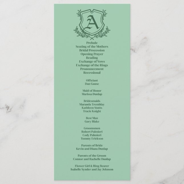 Retro Mint Leaf and Floral Monogram Wedding Program (Front)