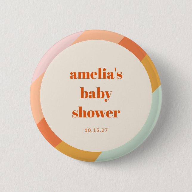 Retro Mint Orange Boho Stripes Custom Baby Shower Button (Front)