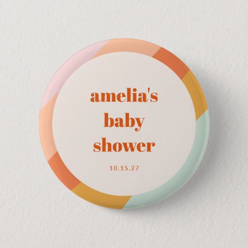 Retro Mint Orange Boho Stripes Custom Baby Shower Button