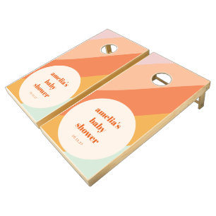 Retro Mint Orange Boho Stripes Custom Baby Shower Cornhole Set