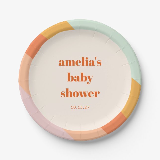 Retro Mint Orange Boho Stripes Custom Baby Shower Paper Plates (Front)