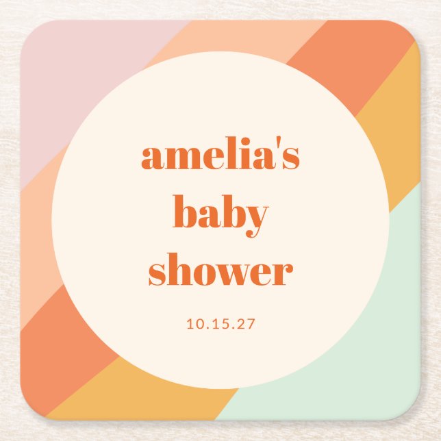 Retro Mint Orange Boho Stripes Custom Baby Shower Square Paper Coaster (Front)