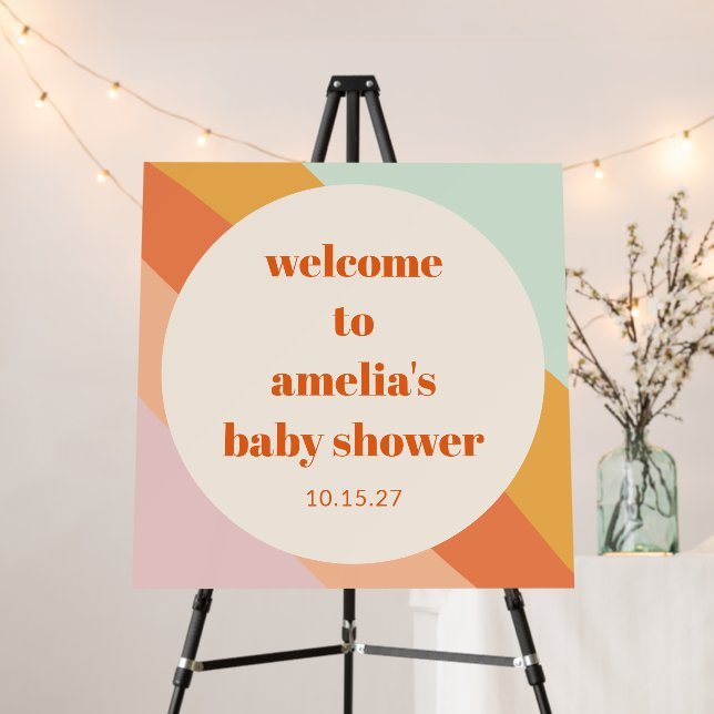 Retro Mint Orange Stripe Custom Baby Shower Sign (In Situ (Stand))