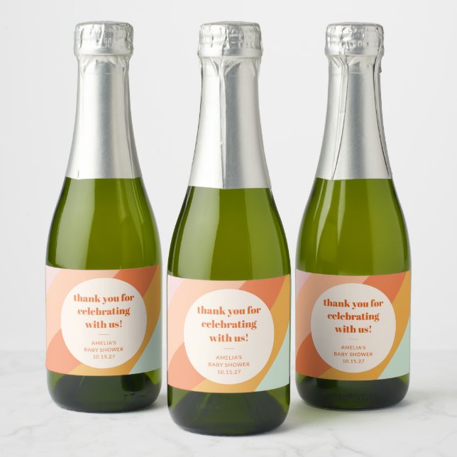 Retro Mint Orange Stripes Custom Baby Shower Thank Sparkling Wine Label (Bottles)
