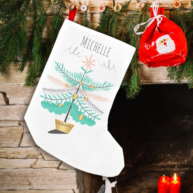 Retro Mint Pink Gold Christmas Tree Monogram Small Christmas Stocking (Retro Christmas Tree with teal, pink and gold with an artistic design with name monogram.)