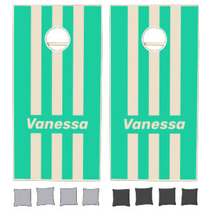 Retro Mint Three Pin Striped with Name Cornhole Set
