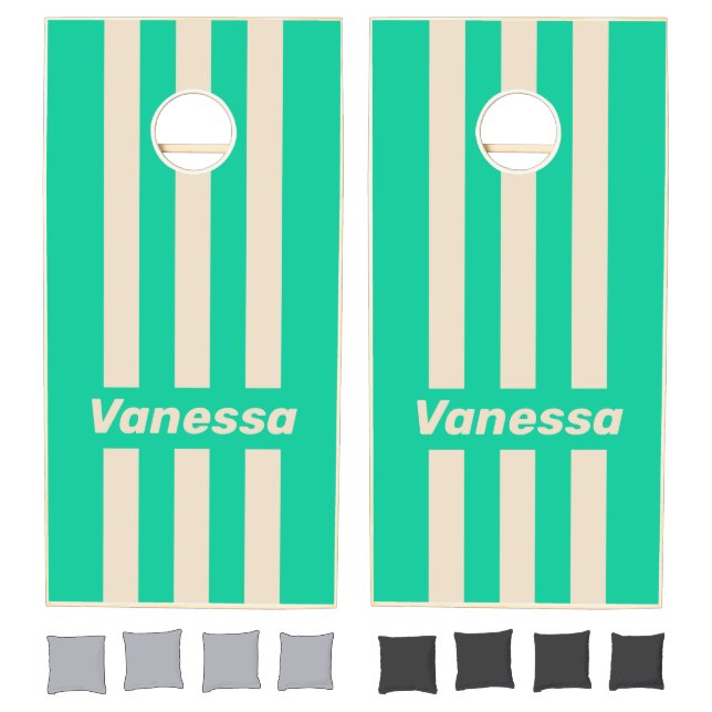 Retro Mint Three Pin Striped with Name Cornhole Set (Set)