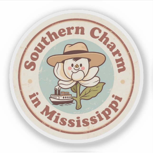 Retro Mississippi Badge_ Magnolia with Steamboat  Sticker (Front)