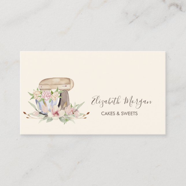 Retro Mixer Flower Bakery Business Card (Front)