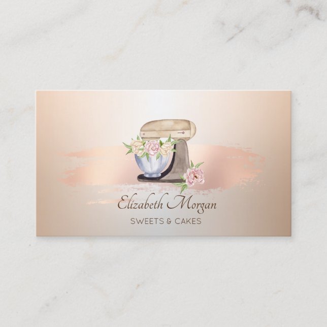 Retro Mixer Flower Rose Gold Brush Stroke Bakery Business Card (Front)
