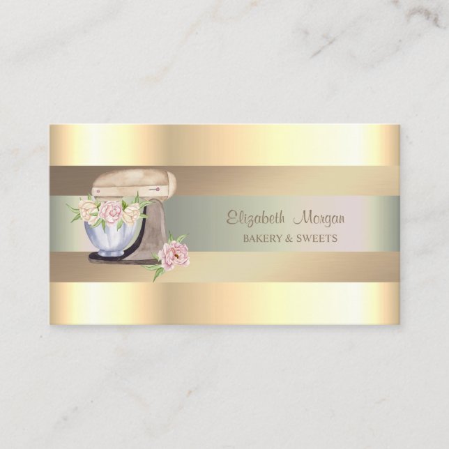 Retro Mixer Flowers,Faux Gold Stripes  Business Card (Front)