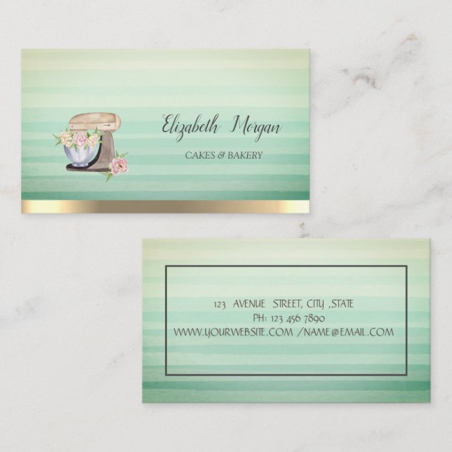 Retro Mixer Flowers Stripe Ombre Bakery Business Card (Front/Back)