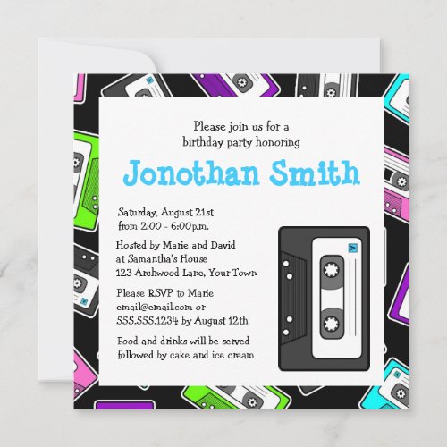 Retro Mixtape Themed Birthday Party Invite Black