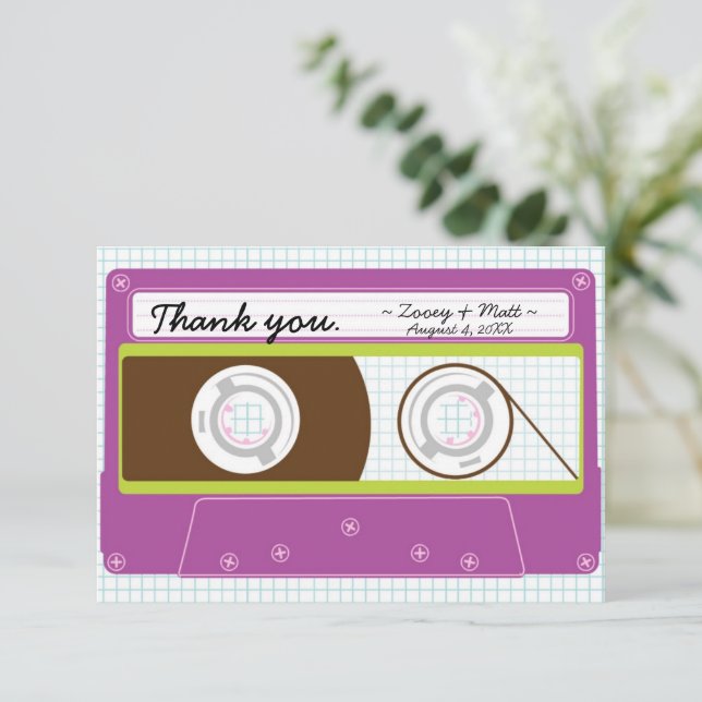 Retro Mixtape Wedding Purple and Lime Thank You Card (Standing Front)