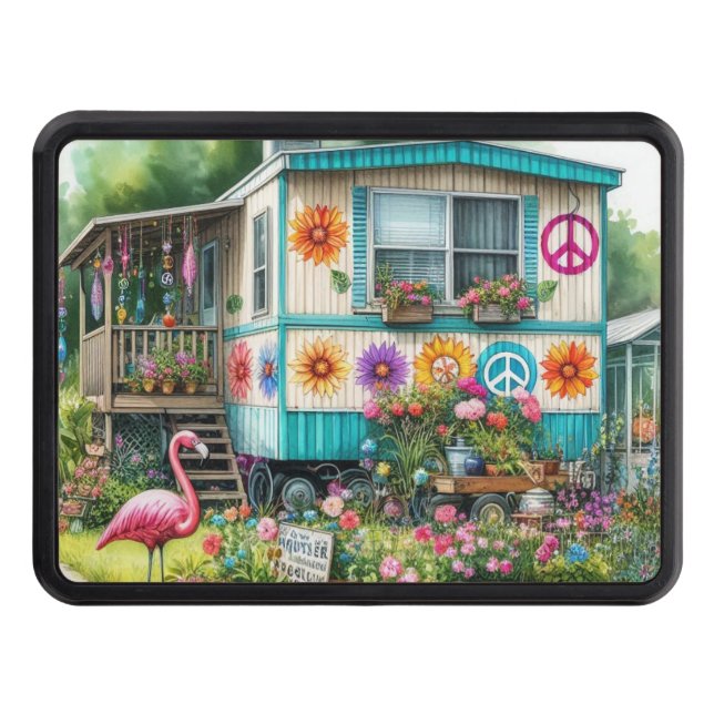 Retro Mobile Home Peace, Love, and Potted Plants Hitch Cover (Front)