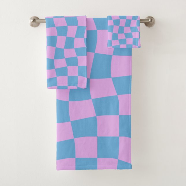 Retro Mod Abstract Checkerboard in Blue and Purple Bath Towel Set (Insitu)