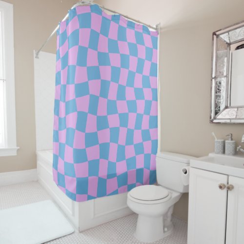 Retro Mod Abstract Checkerboard in Blue and Purple Shower Curtain